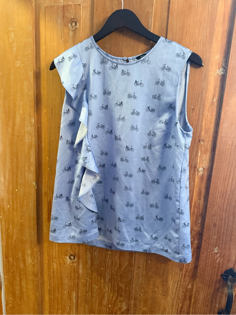 RW&CO. Light Blue Sleeveless Ruffle Bicycle Print Top